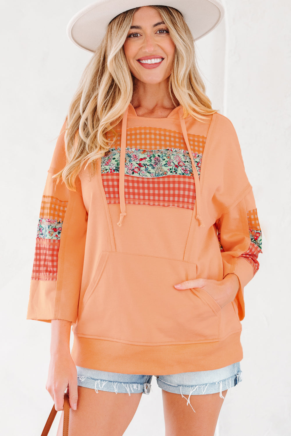 Plaid Floral Patchwork Kangaroo Pocket Hooded Top