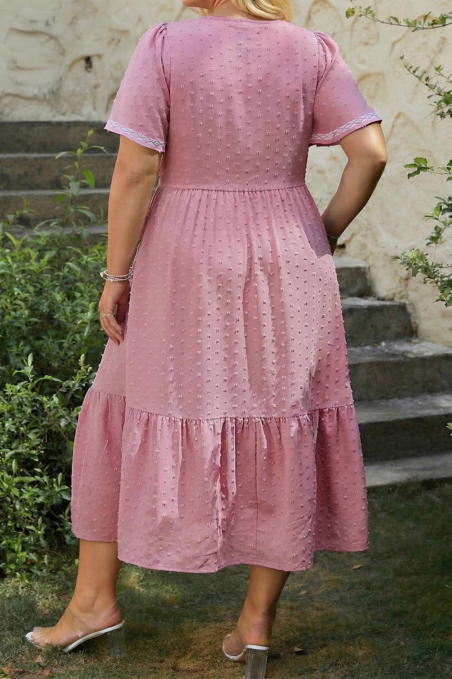 Plus Size Swiss Dot Smocked Flowy Midi Dress