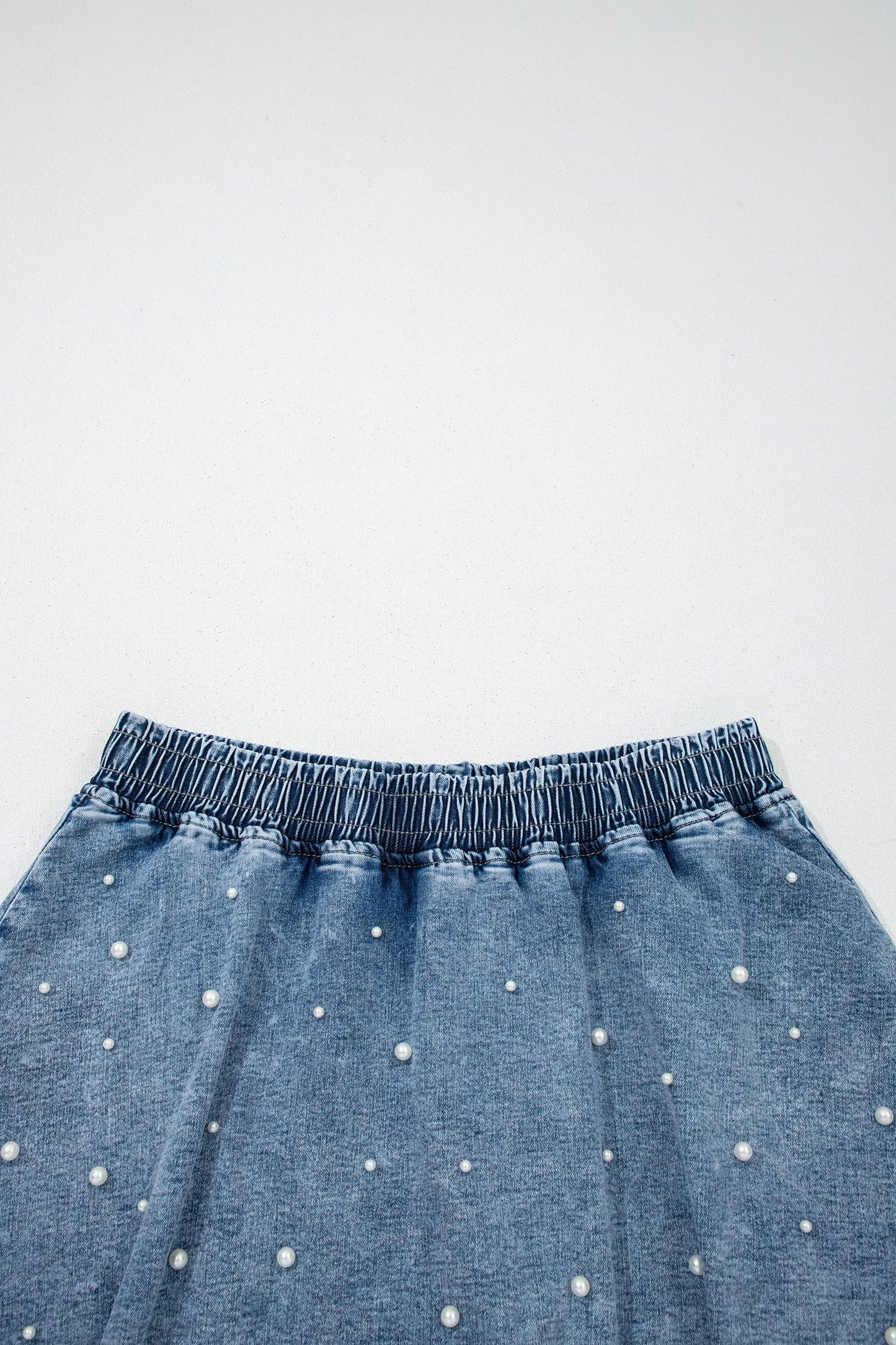 Denim Pearl Embellish Elastic Waist Mini Skort
