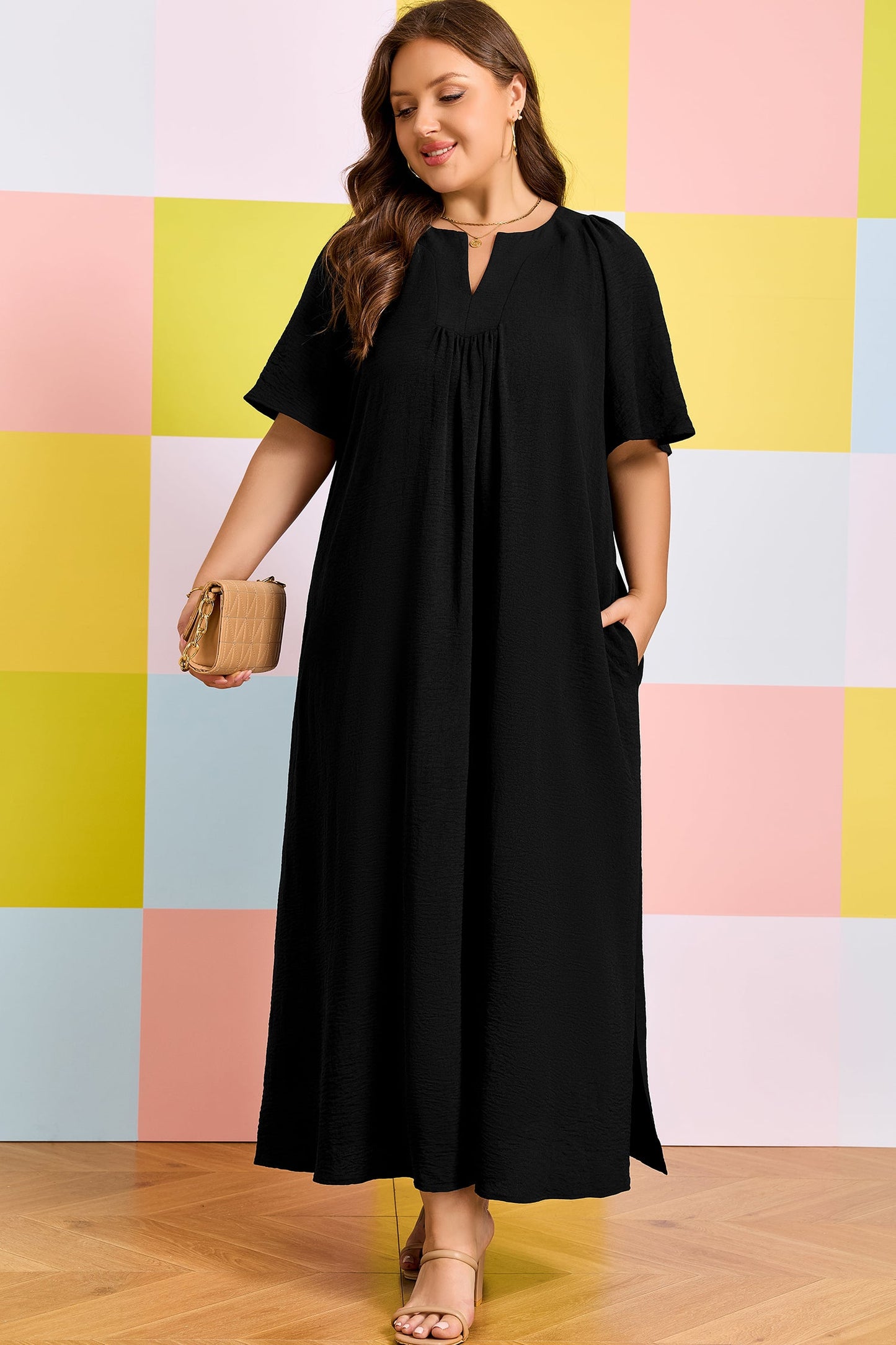 Plus Size Solid Notched Neck Short Sleeve Dress