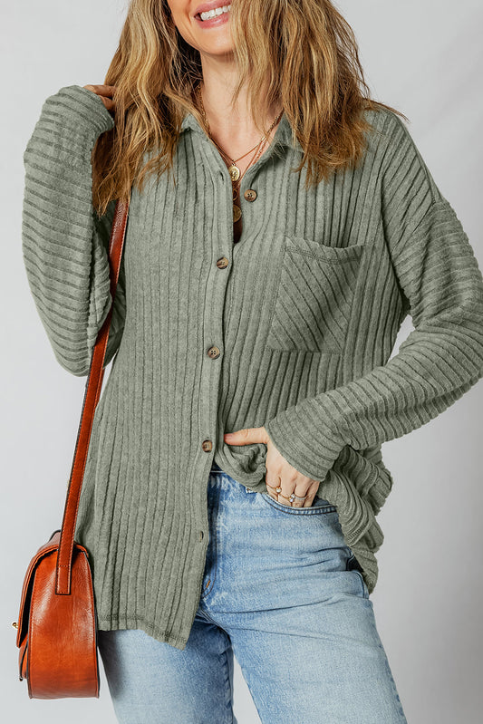 Thermal Ribbed Button-Up Drop Shoulder Textured Shacket