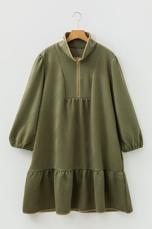 Plus Size Textured Contrast Trim Half Zip Dress