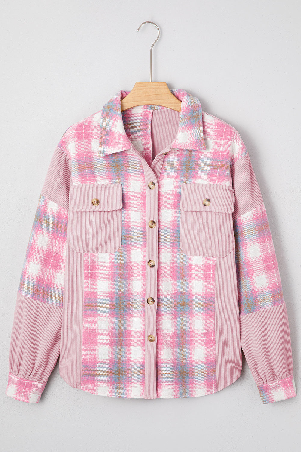 Plaid Corduroy Patchwork Flap Pocket Shacket