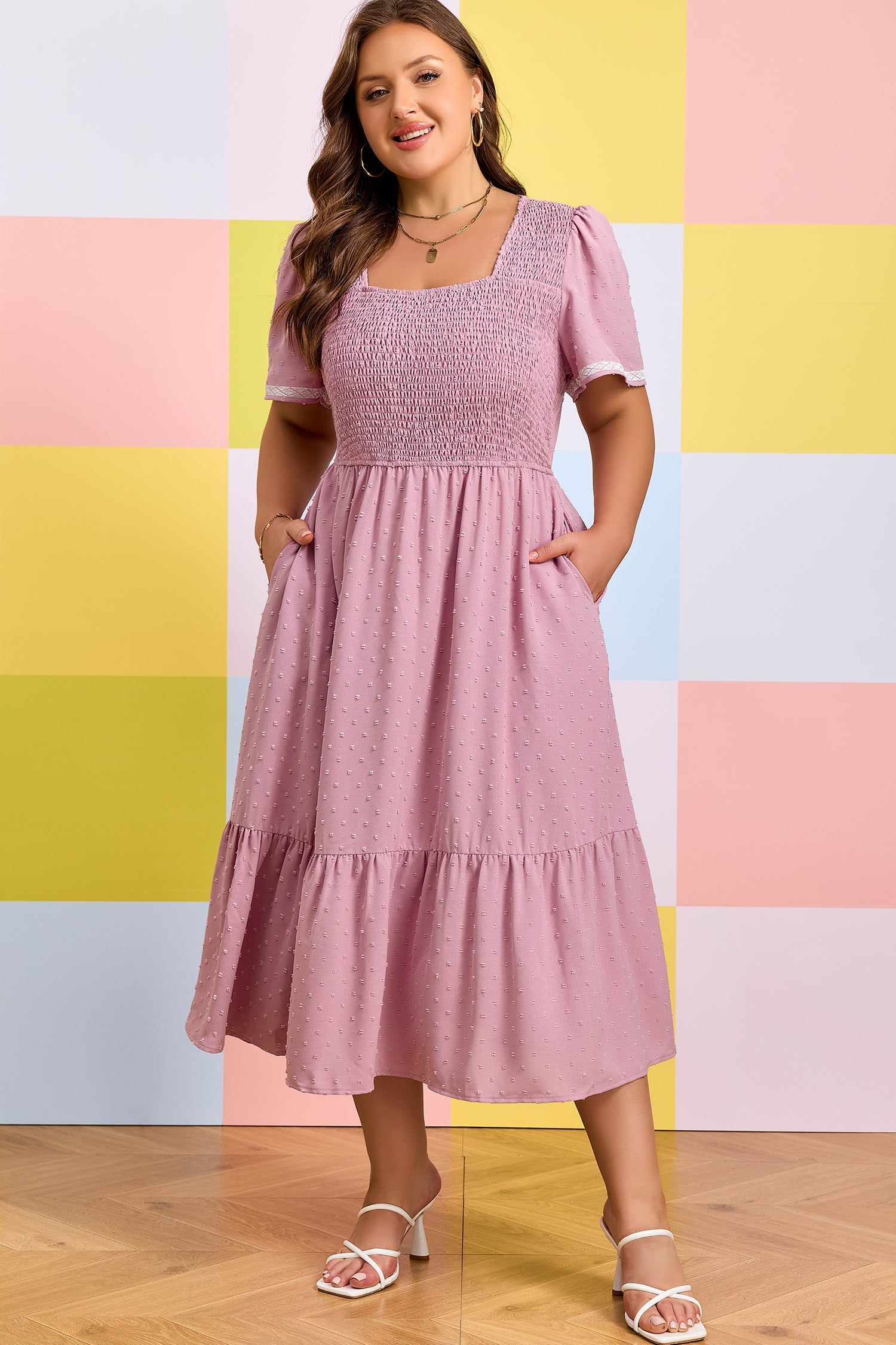 Plus Size Swiss Dot Smocked Flowy Midi Dress