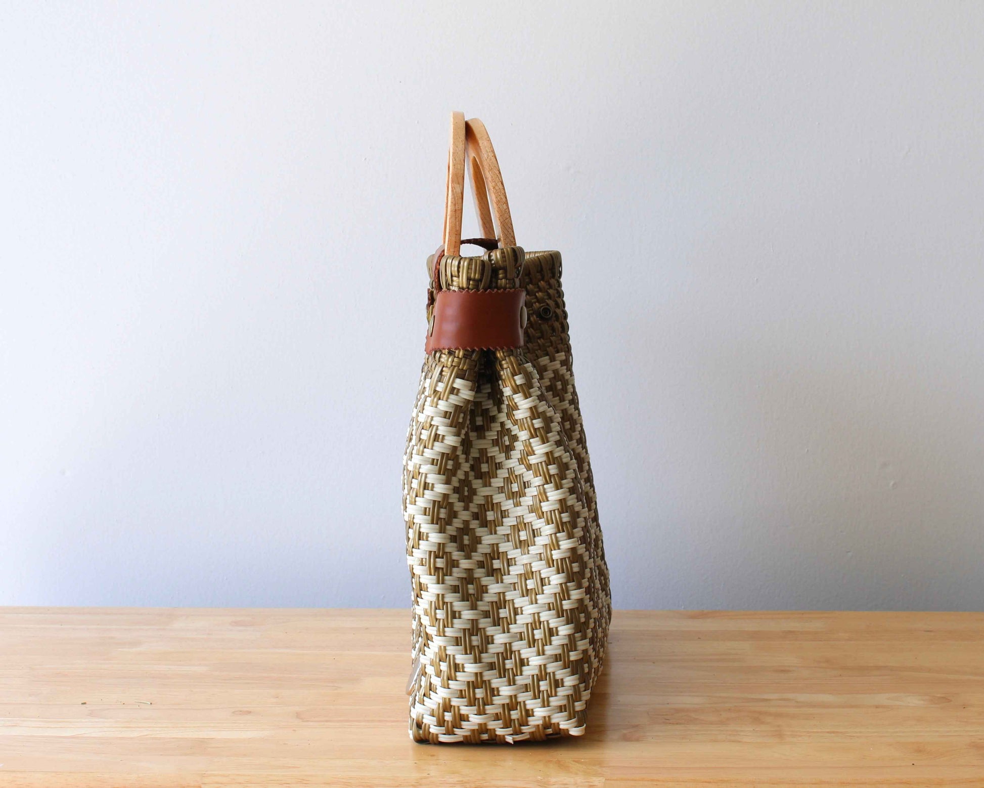Beige & Gold Handwoven Tote with Wood Handle