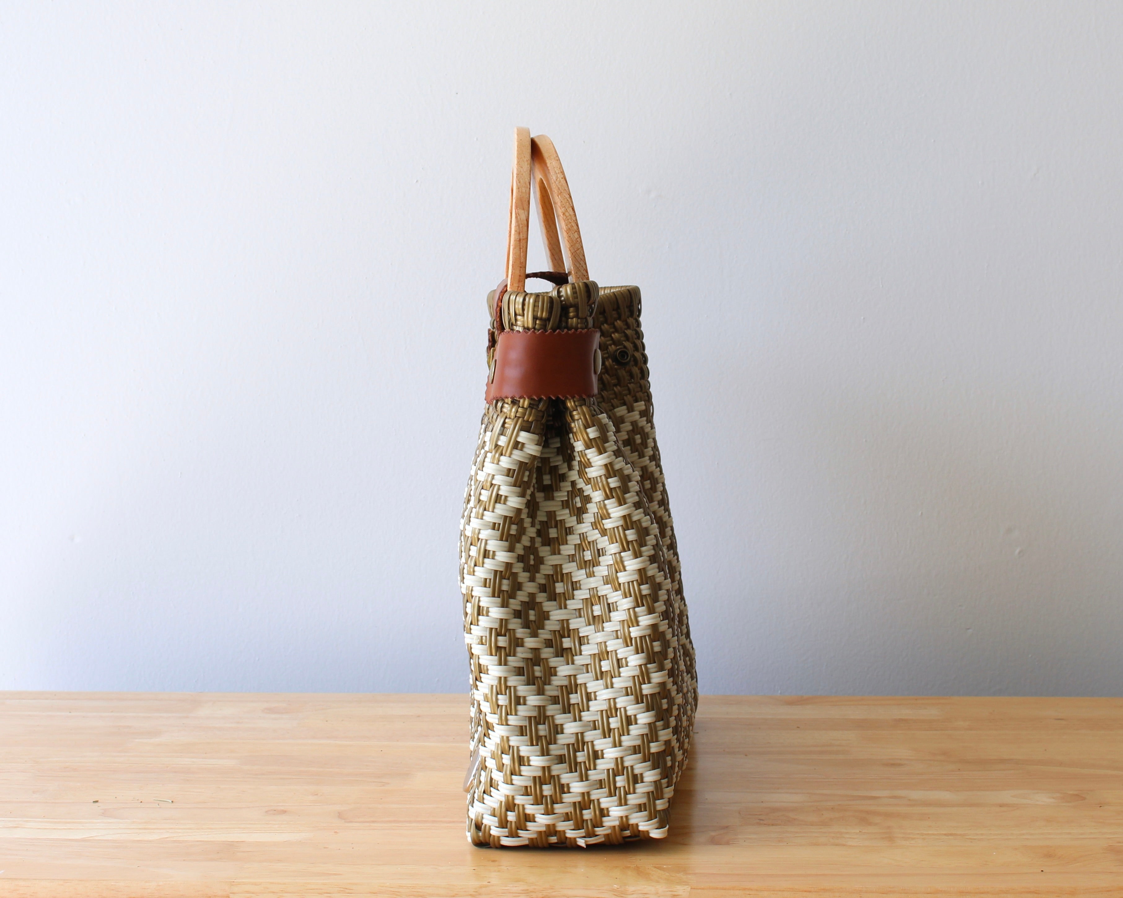 Beige & Gold Handwoven Tote with Wood Handle