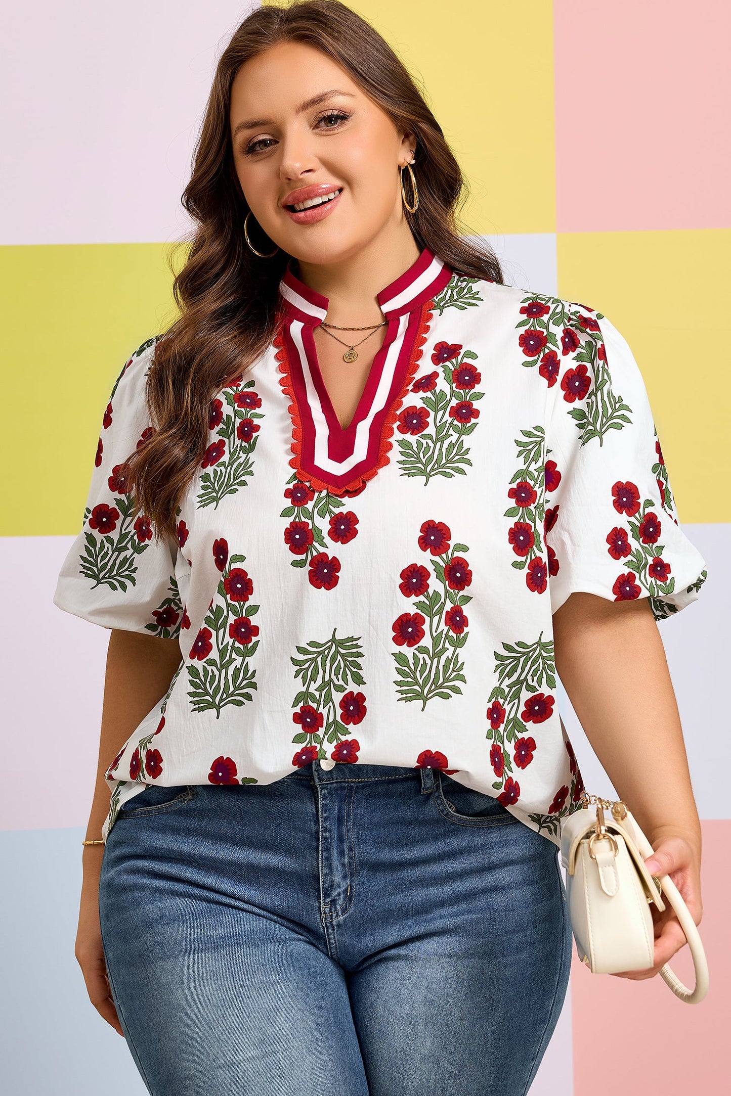 Plus Size Floral Ricrac Trim Short Sleeve Blouse