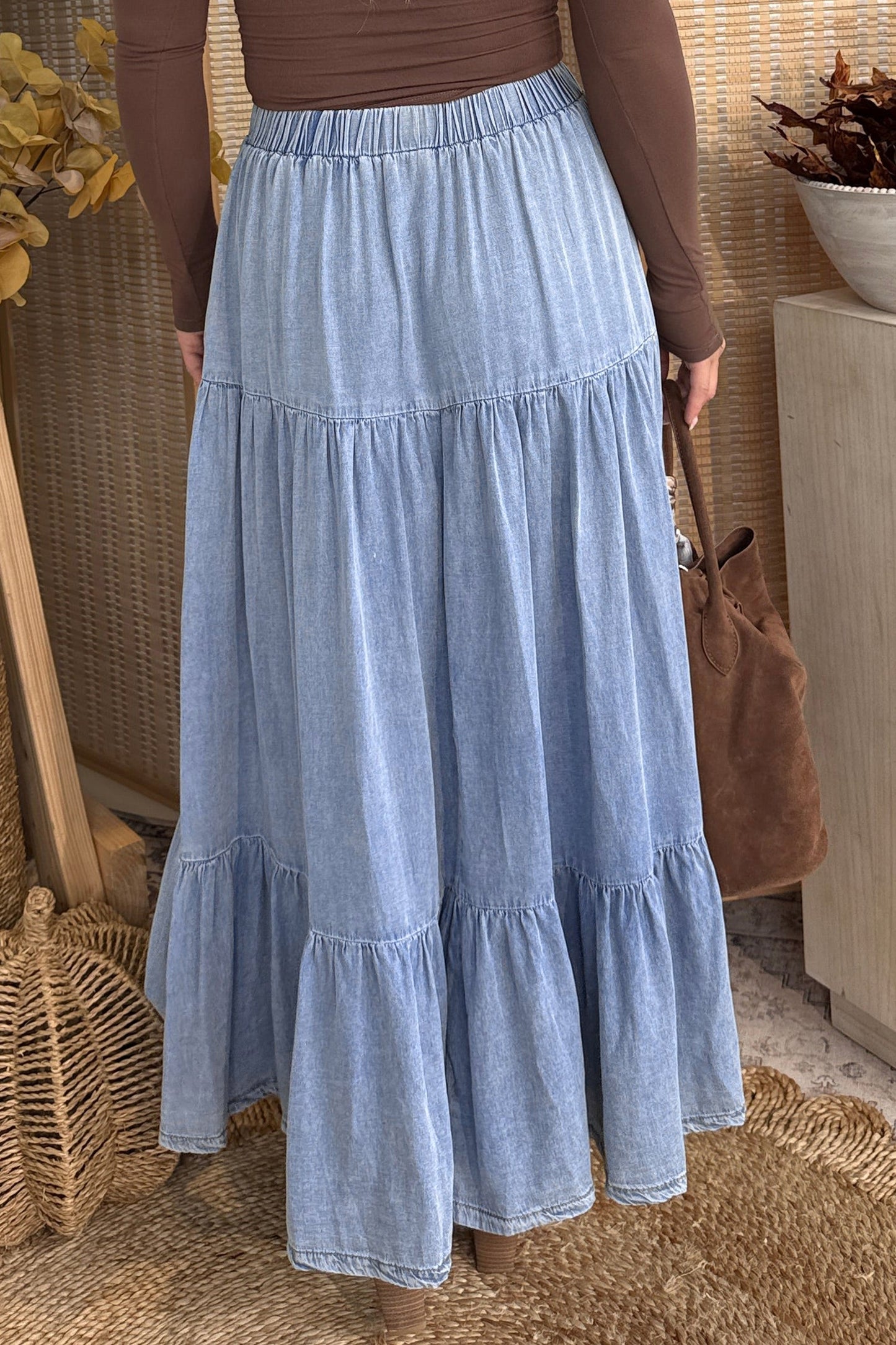 Denim Ruffle Tiered Flared Maxi Skirt