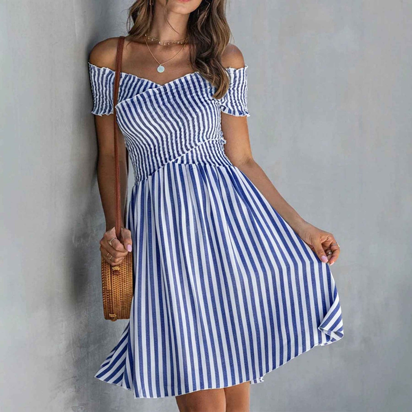 Women's Off-Shoulder Striped Waist-Cinching Midi Dress