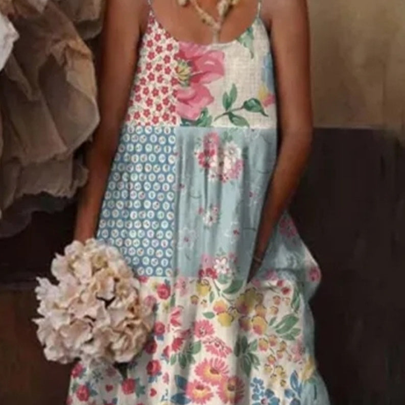 European & American Style Floral Art Print Sling Holiday Dress