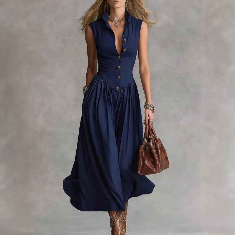 Women's Sleeveless Lapel Collar Maxi Dress – Slim Fit Patchwork