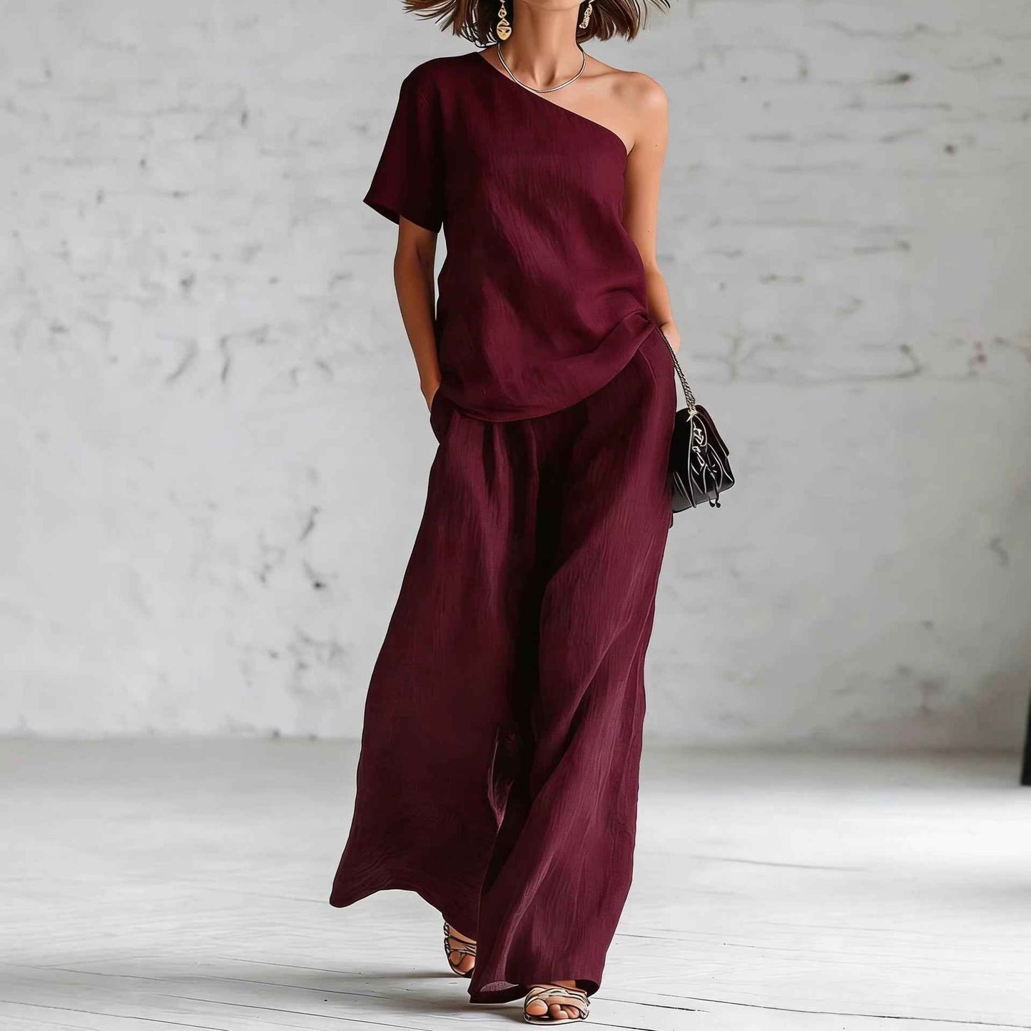 Women's Wide-Leg Pants & Top Set – 2-Piece Three-Quarter Sleeve Outfit