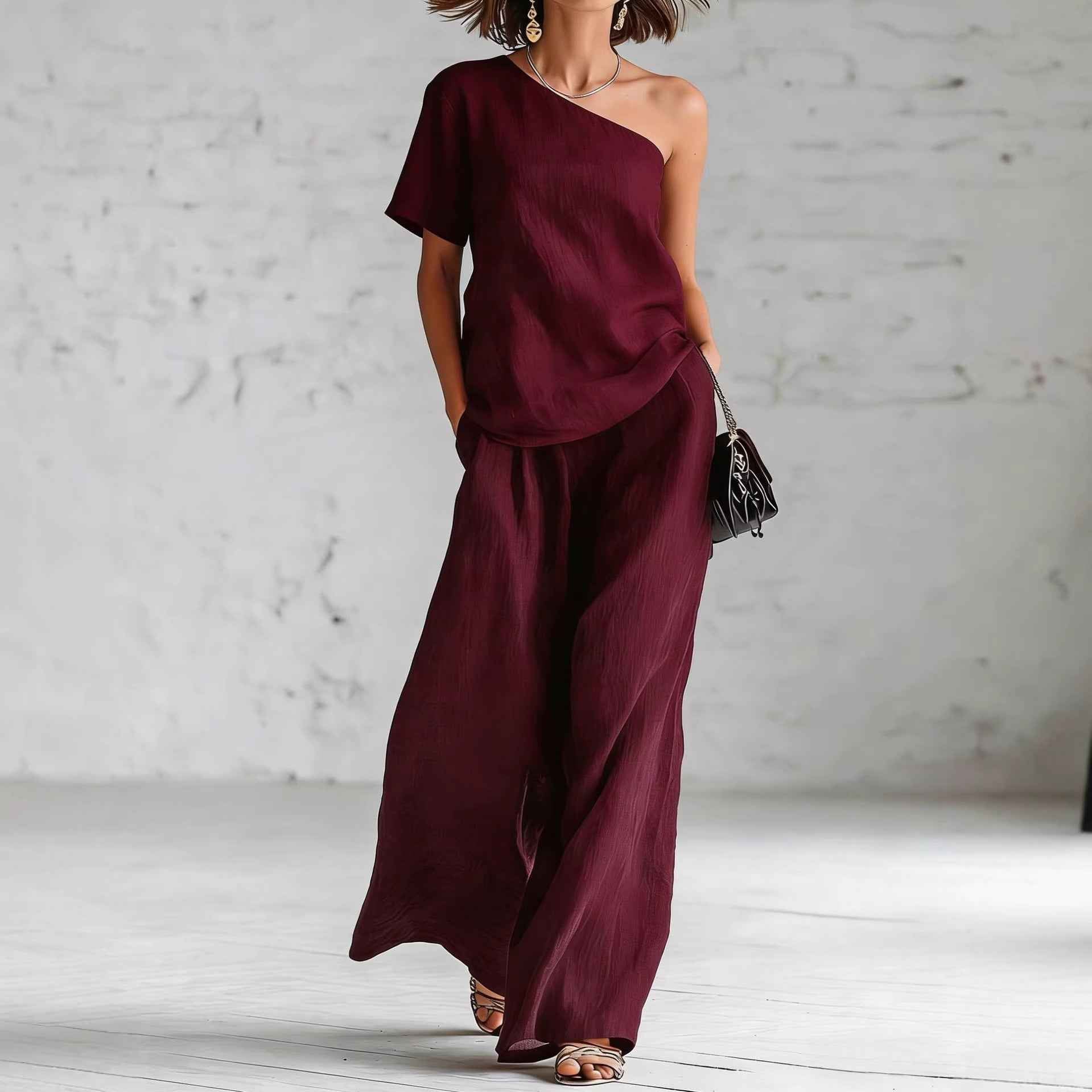 Women's Wide-Leg Pants & Top Set – 2-Piece Three-Quarter Sleeve Outfit