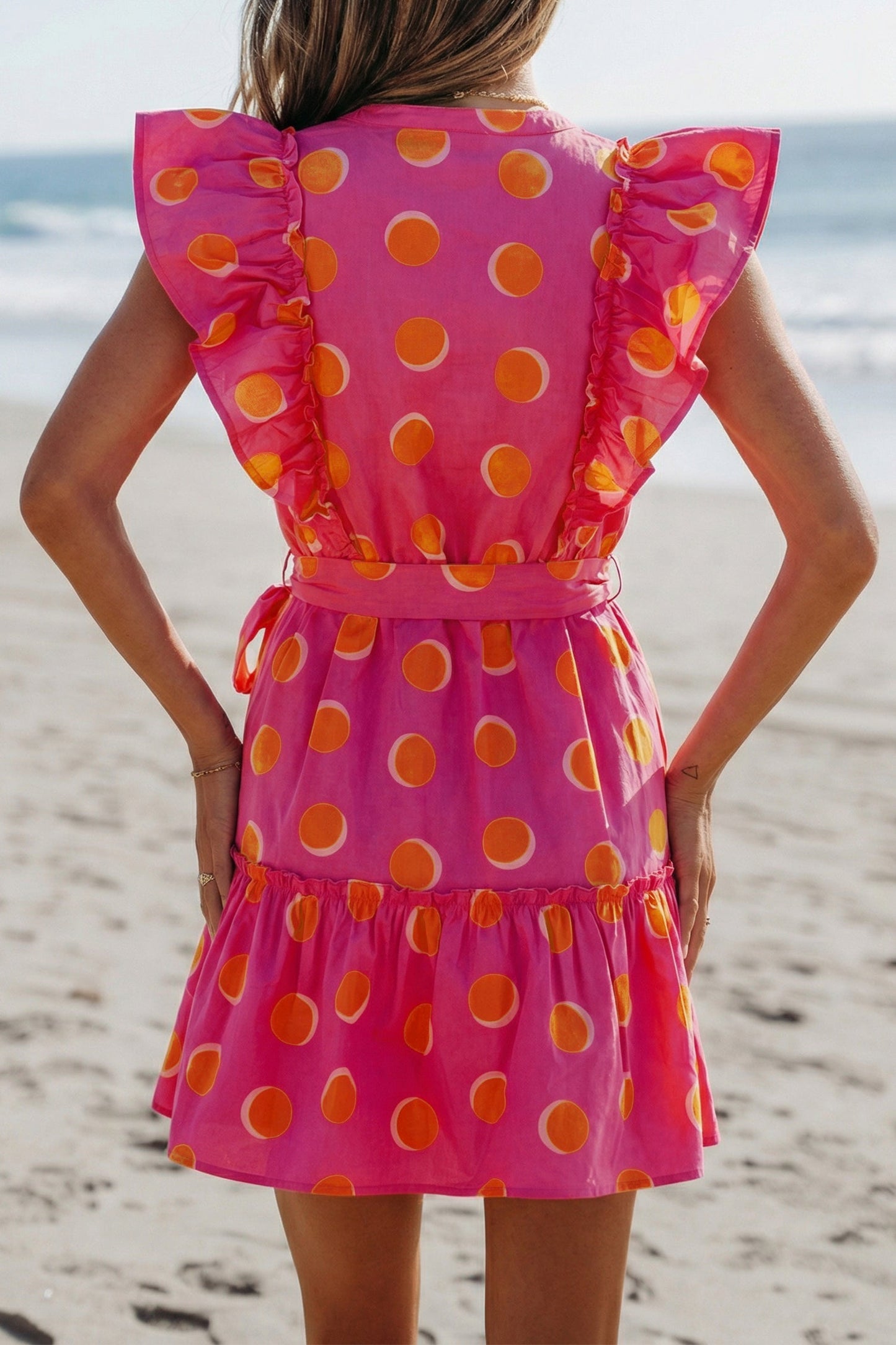 Polka Dot V-Neck Ruffle Belted Mini Dress