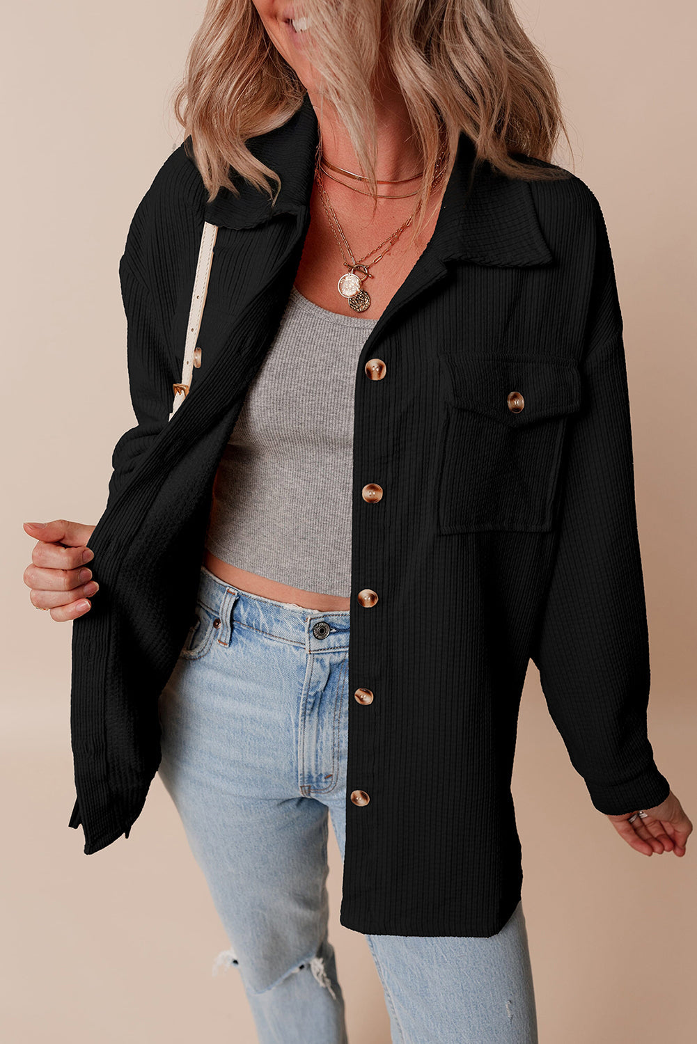 Solid Corduroy Button-Up Pocketed Shacket