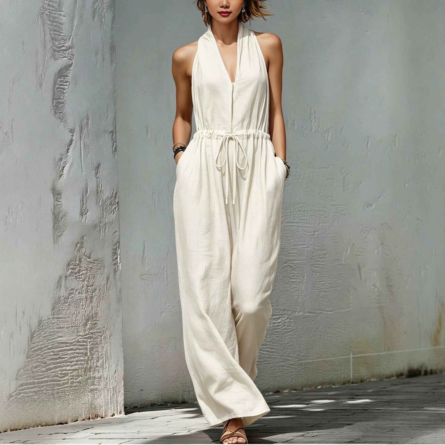 Women's Sleeveless Halter Neck Solid Color Long Jumpsuit