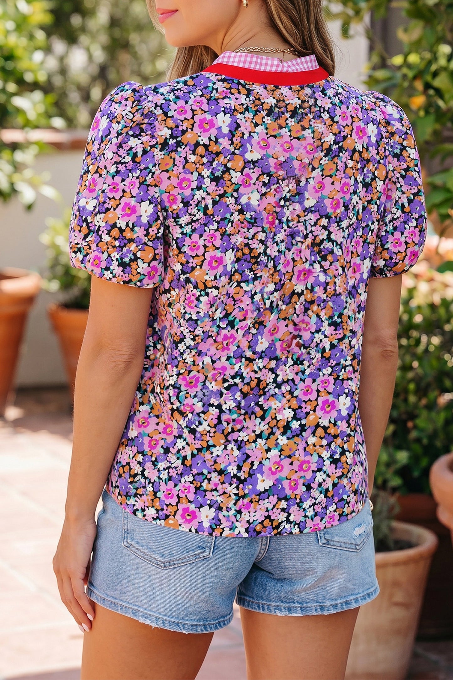 Floral Gingham Colorblock Trim V-Neck Blouse