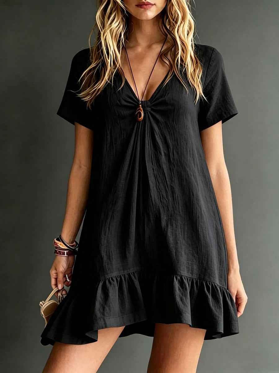Women's V-Neck Short-Sleeve Midi Dress – Ice Silk Crepe Loose Casual