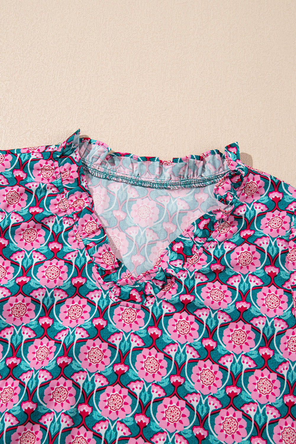 Floral Abstract V-Neck Ruffle Puff Sleeve Top