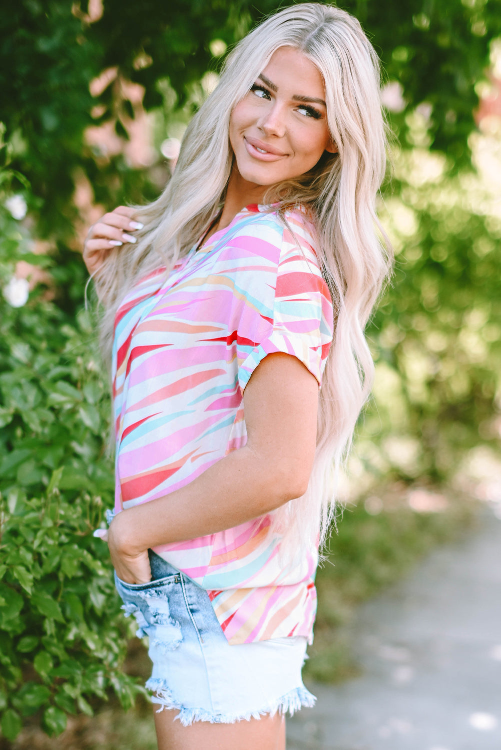 Abstract High Low Short Sleeve Blouse