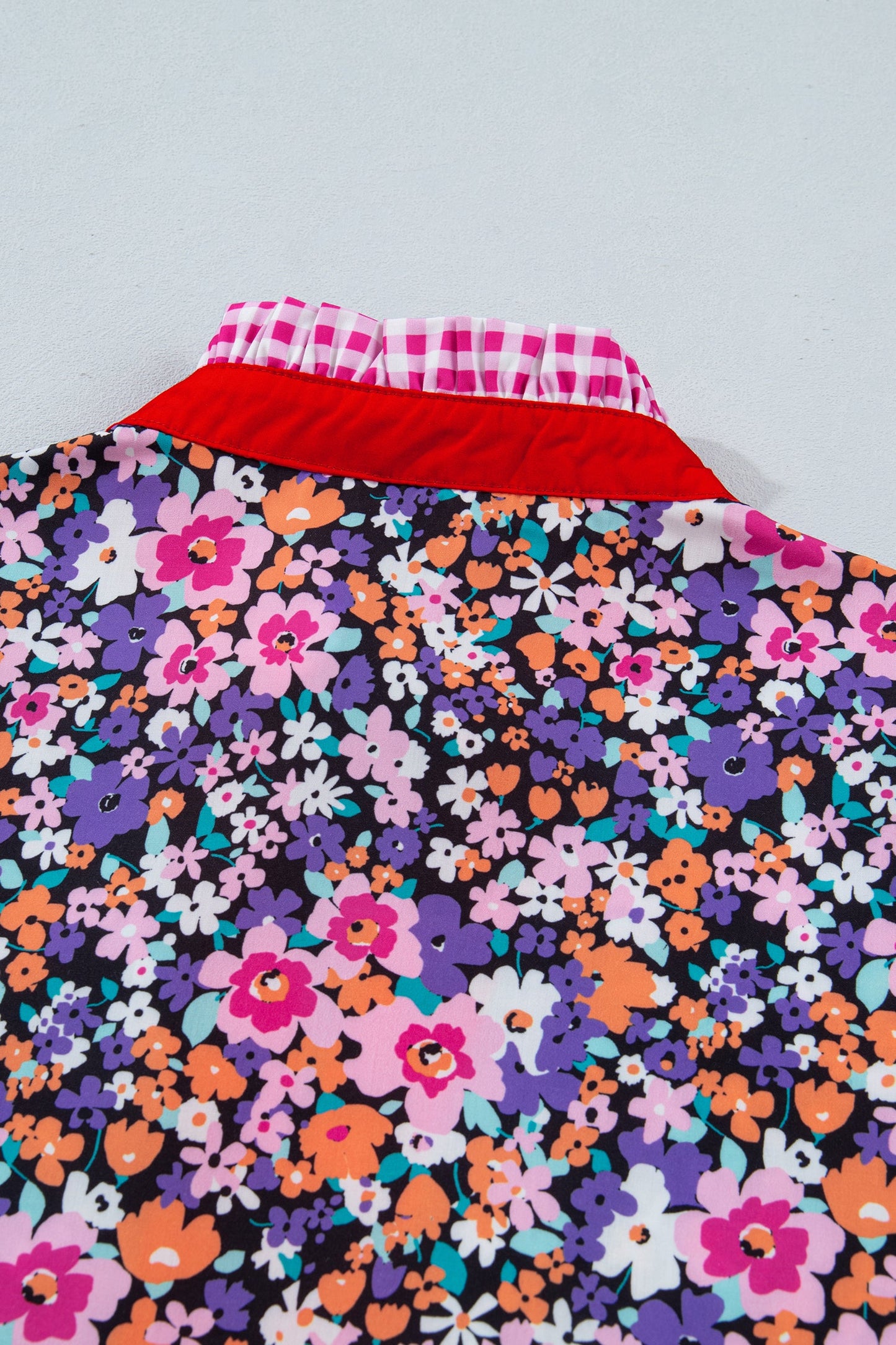 Floral Gingham Colorblock Trim V-Neck Blouse