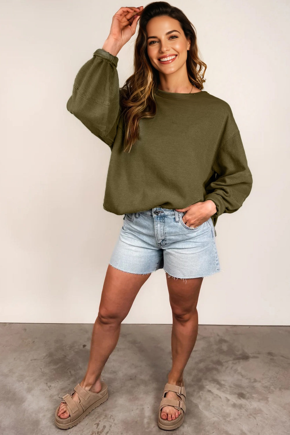 Solid Ribbed Knit Patchwork Long Sleeve Top
