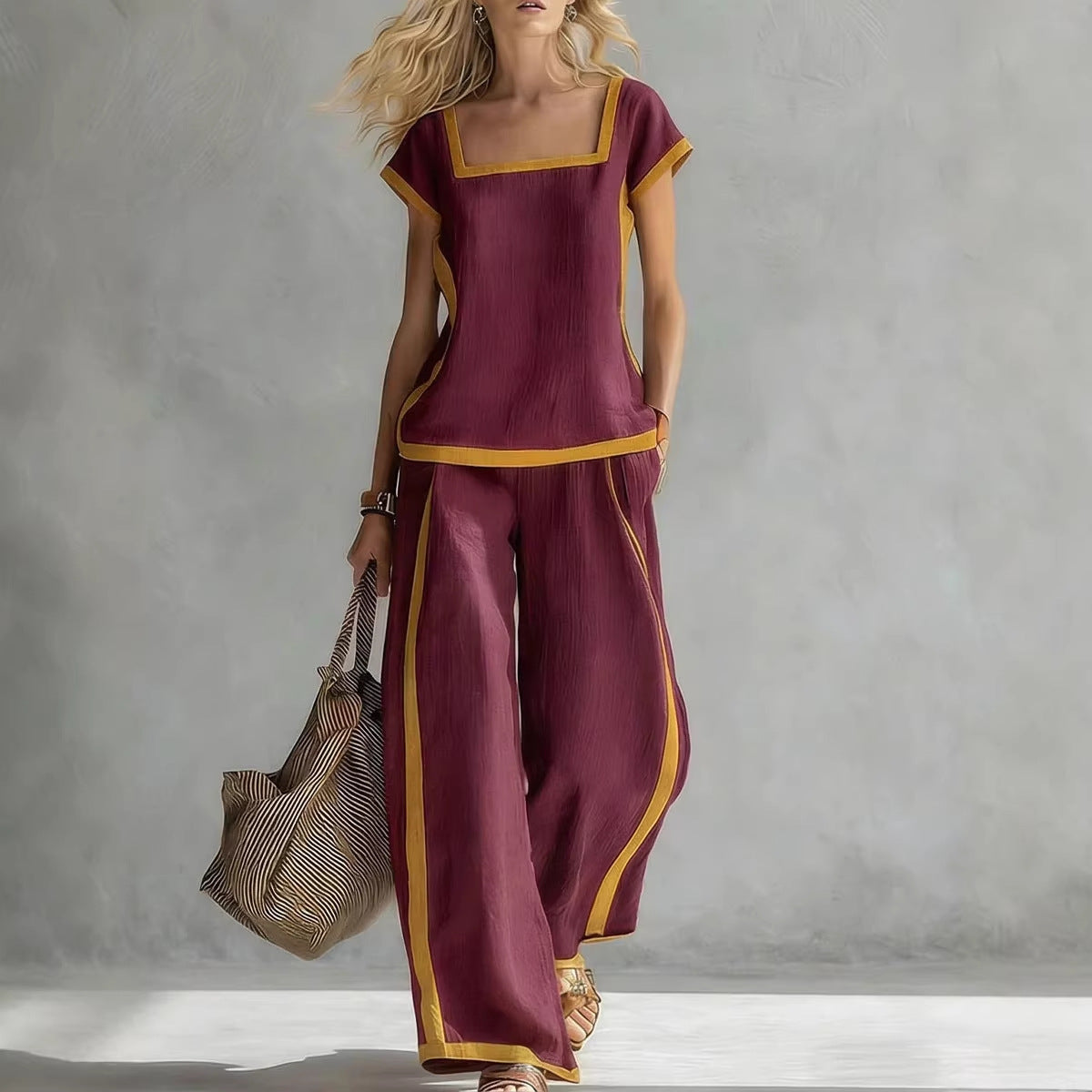 Solid Color Shirt & Wide-Leg Trousers Two-Piece Set