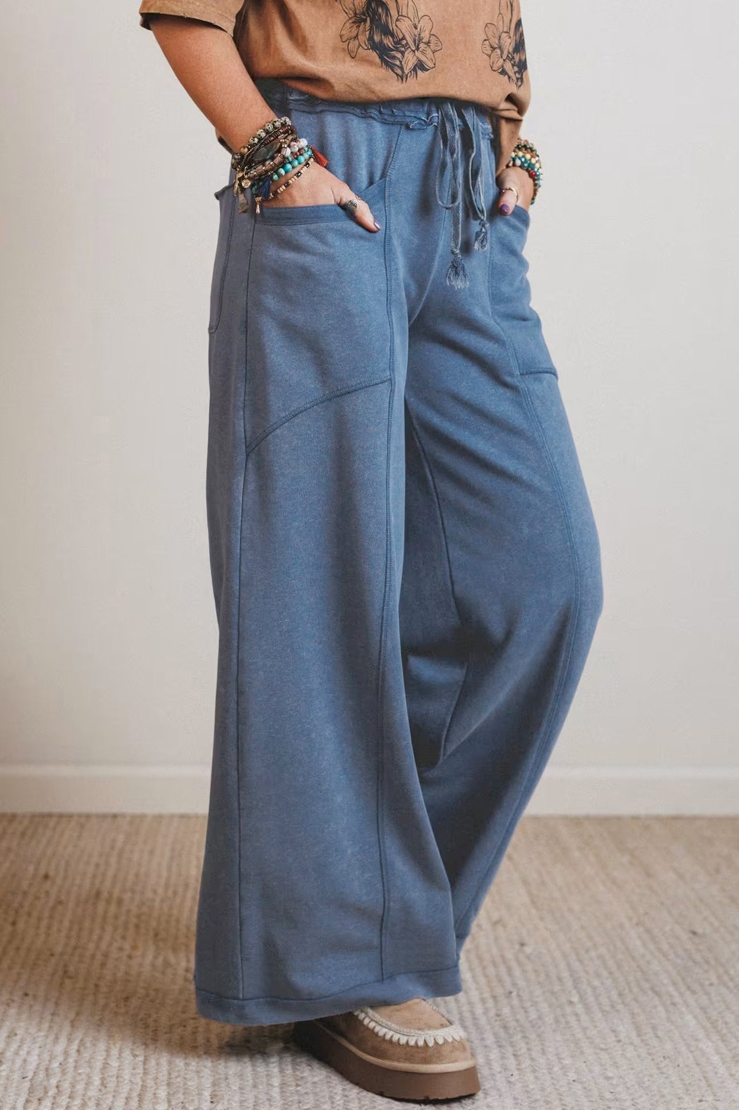 Solid Mineral Wash Drawstring Wide Leg Pants
