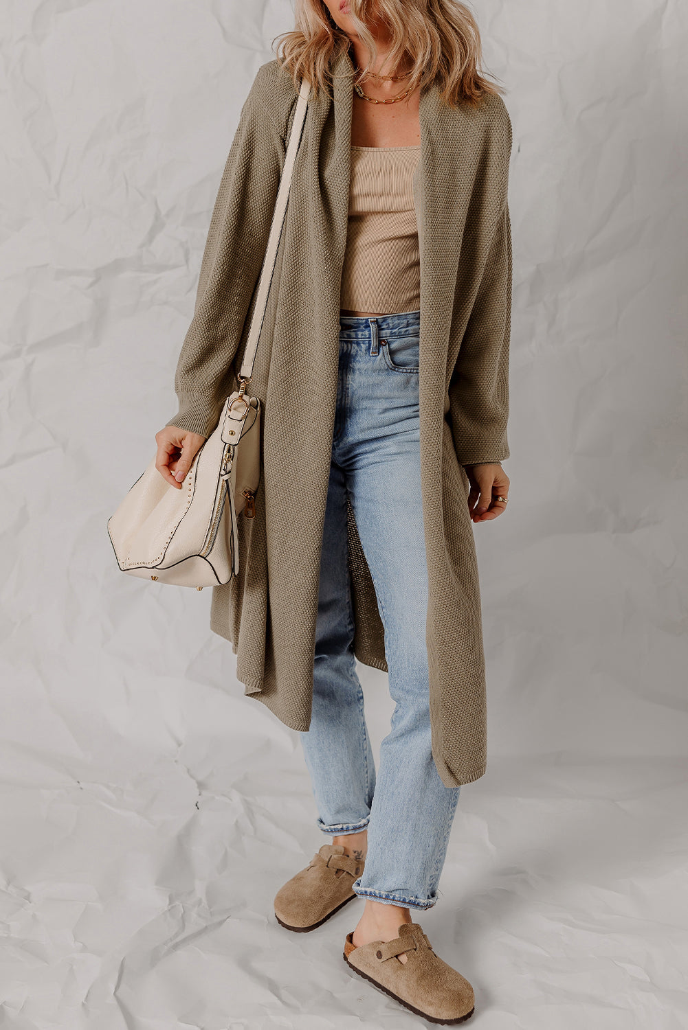 Solid Textured Knit Open-Front Sweater Cardigan