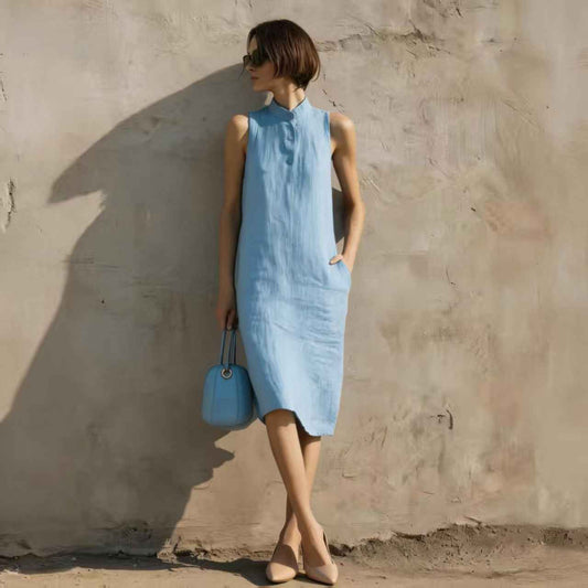Women's Sleeveless A-Line Midi Dress – Solid Color Cotton Linen Casual