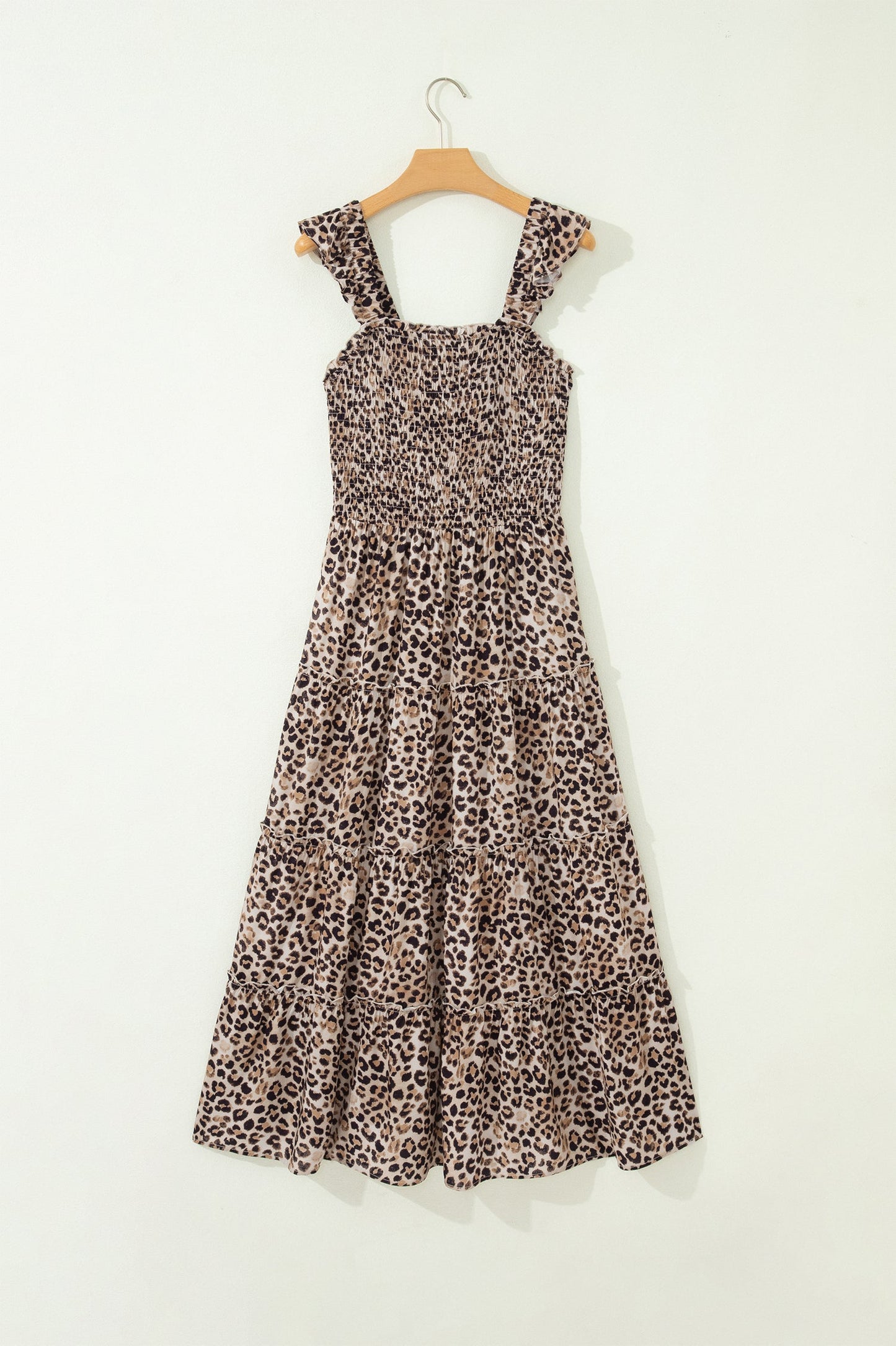 Leopard Ruffle Straps Smocked Tiered Maxi Dress