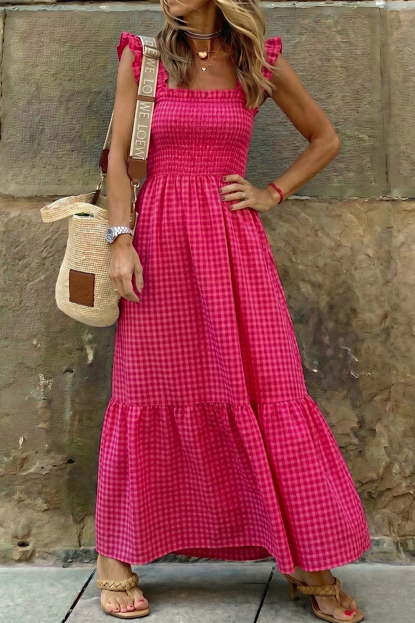 Gingham Plaid Smocked Square Neck Sundress