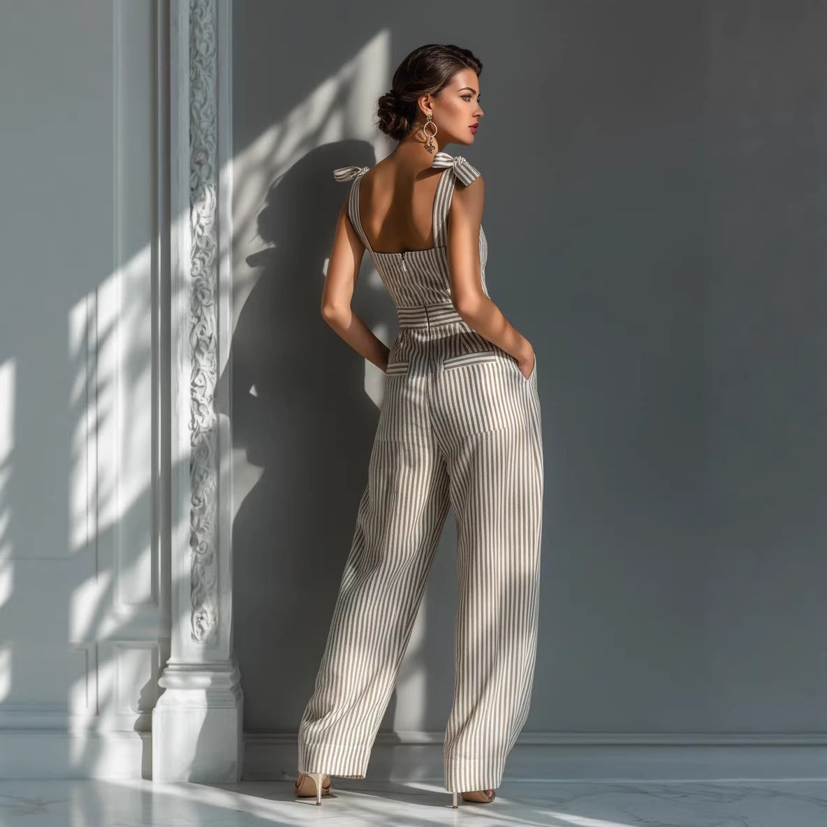 Women's Striped Linen Sleeveless Wide-Leg Jumpsuit
