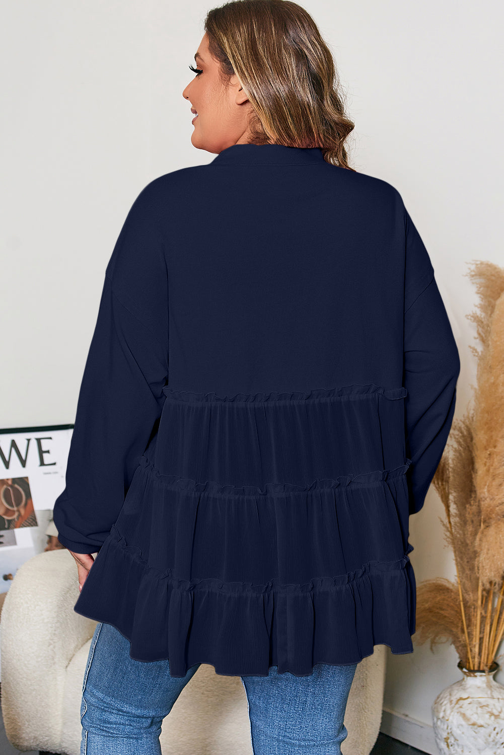 Plus Size Solid Ruffle Tiered Ribbed Crewneck Top