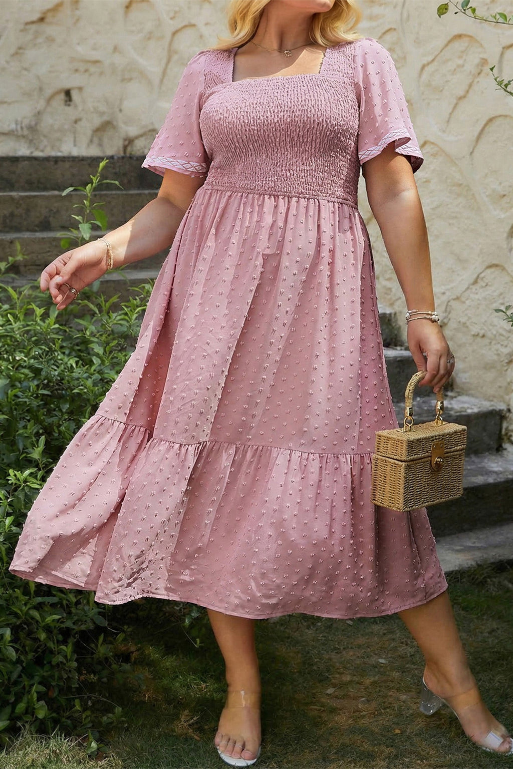 Plus Size Swiss Dot Smocked Flowy Midi Dress