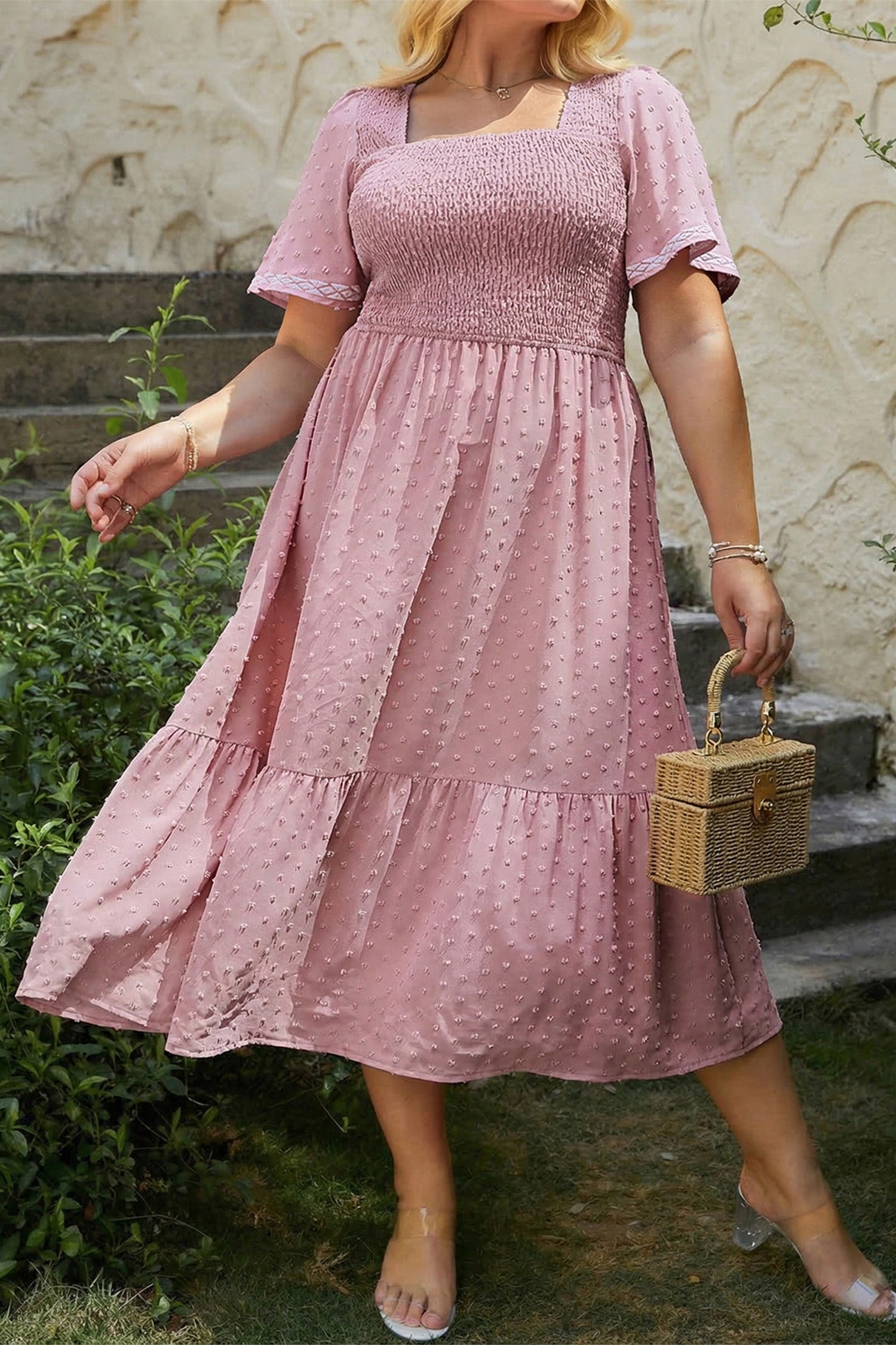 Plus Size Swiss Dot Smocked Flowy Midi Dress