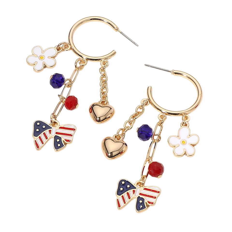 Enamel American USA Flag Bow Flower Metal Heart Drop Dangle Earrings