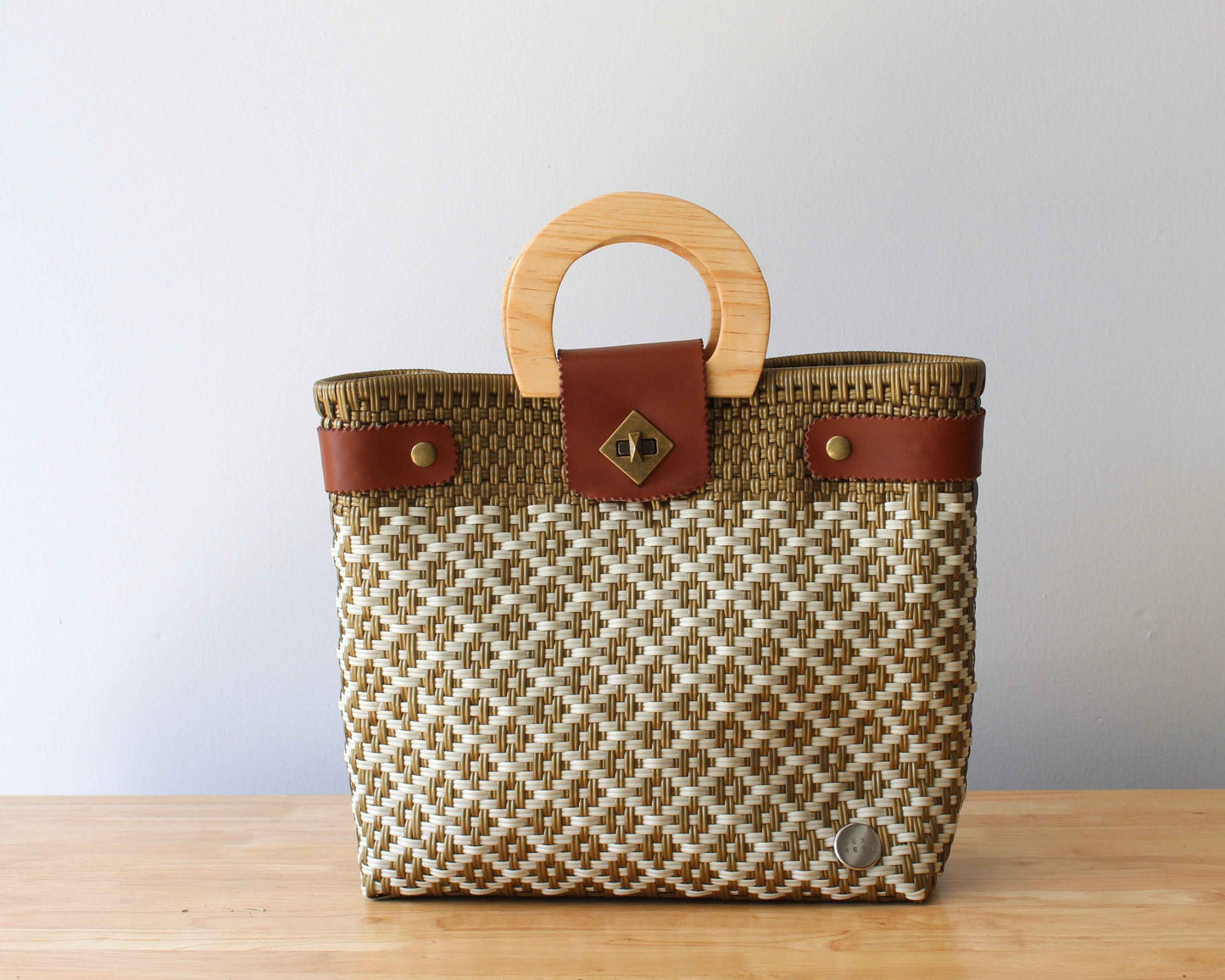 Beige & Gold Handwoven Tote with Wood Handle