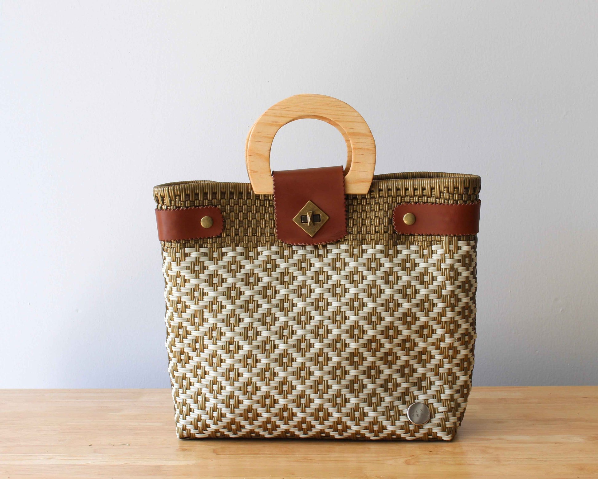 Beige & Gold Handwoven Tote with Wood Handle