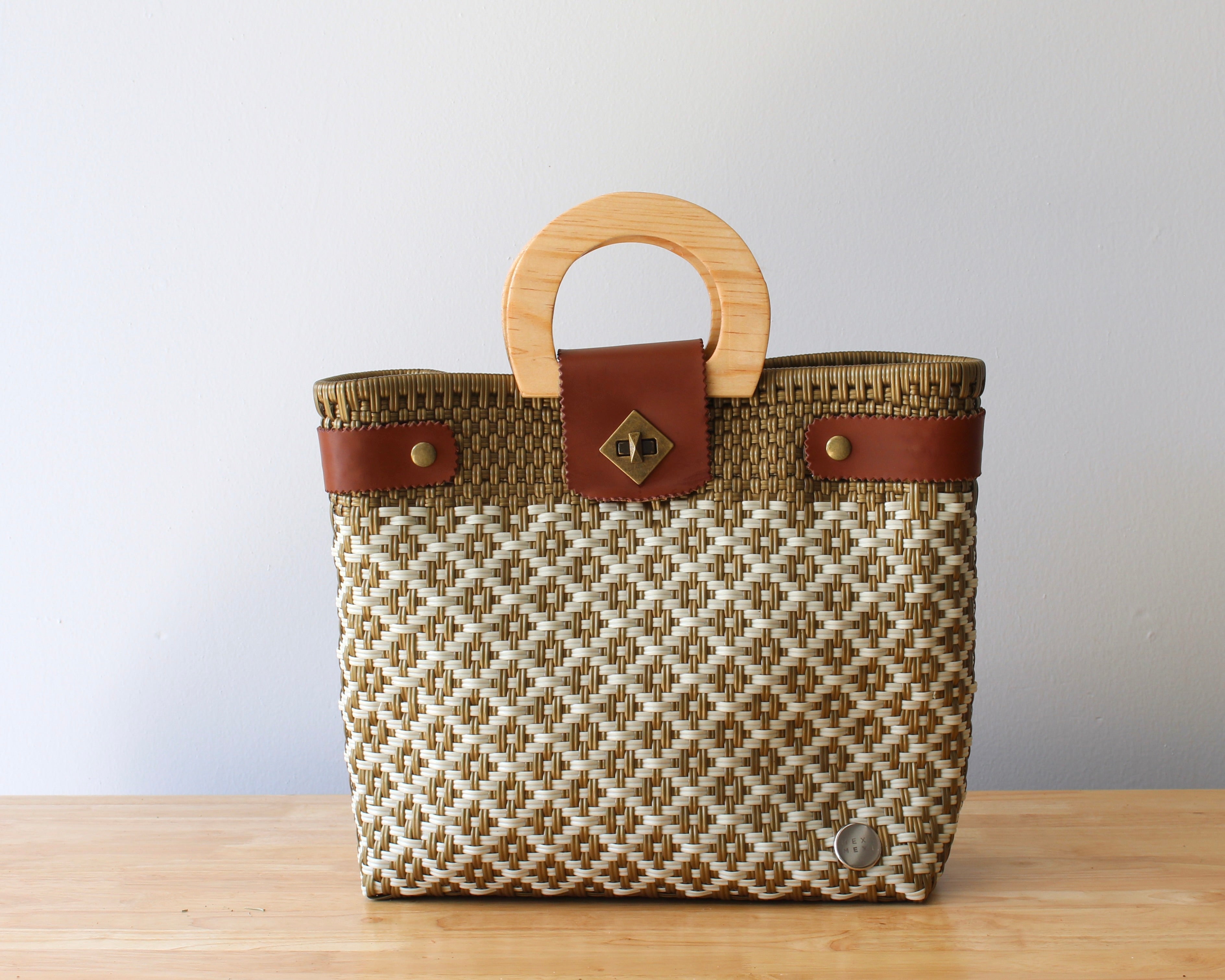 Beige & Gold Handwoven Tote with Wood Handle