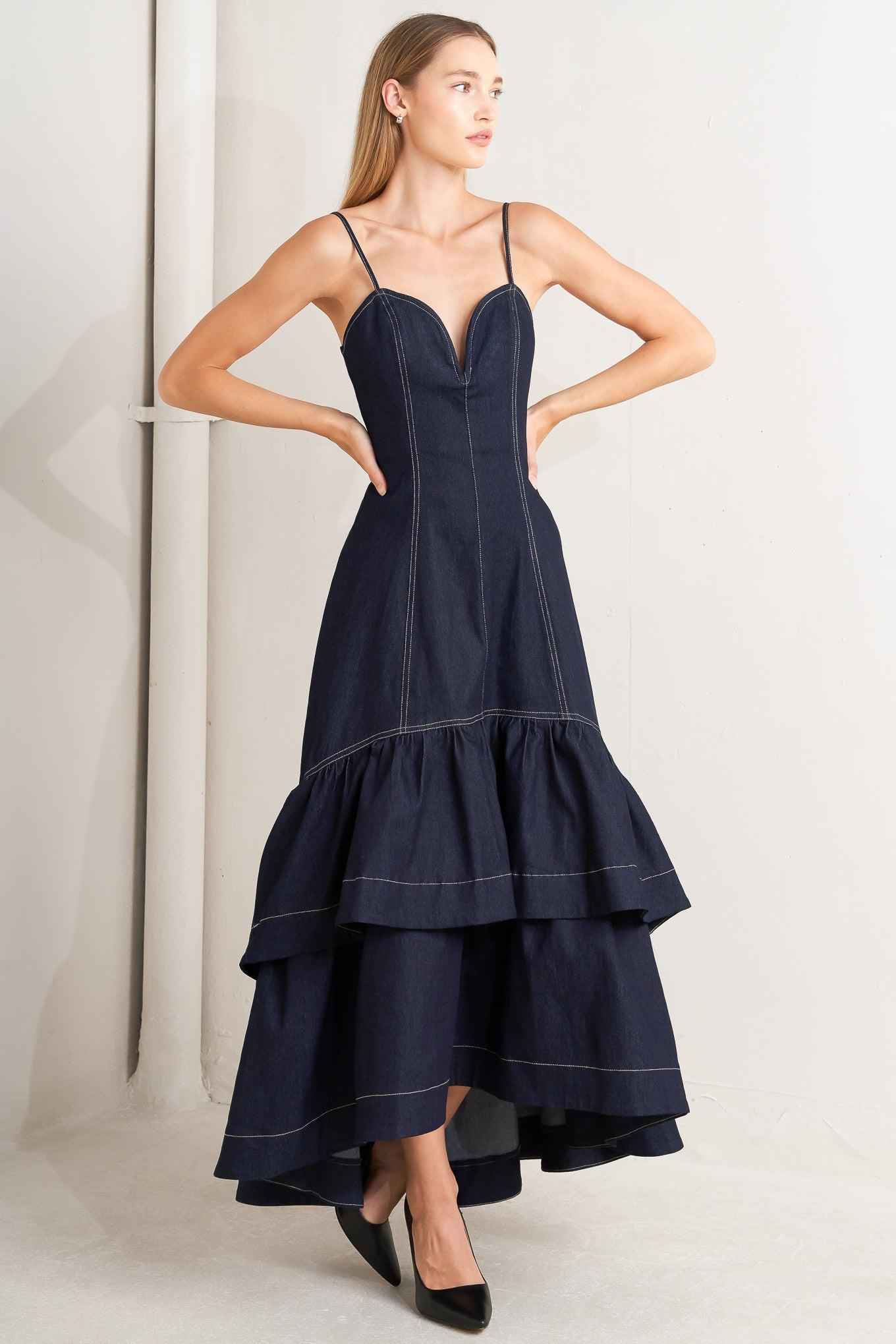 RAW ELEGANCE DENIM MIDI DRESS