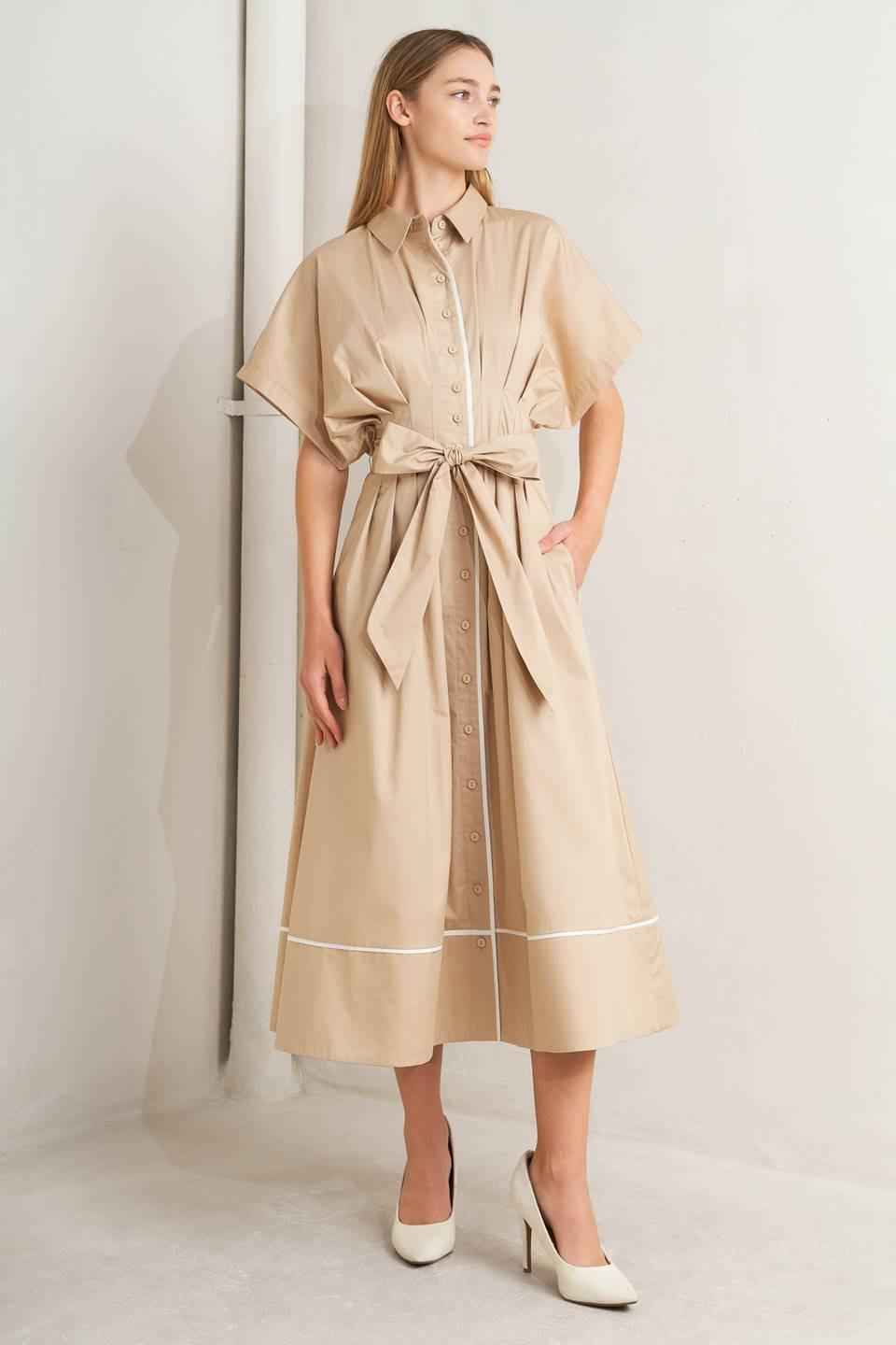 CATCH YOU LATER KHAKI WOVEN MIDI DRESS