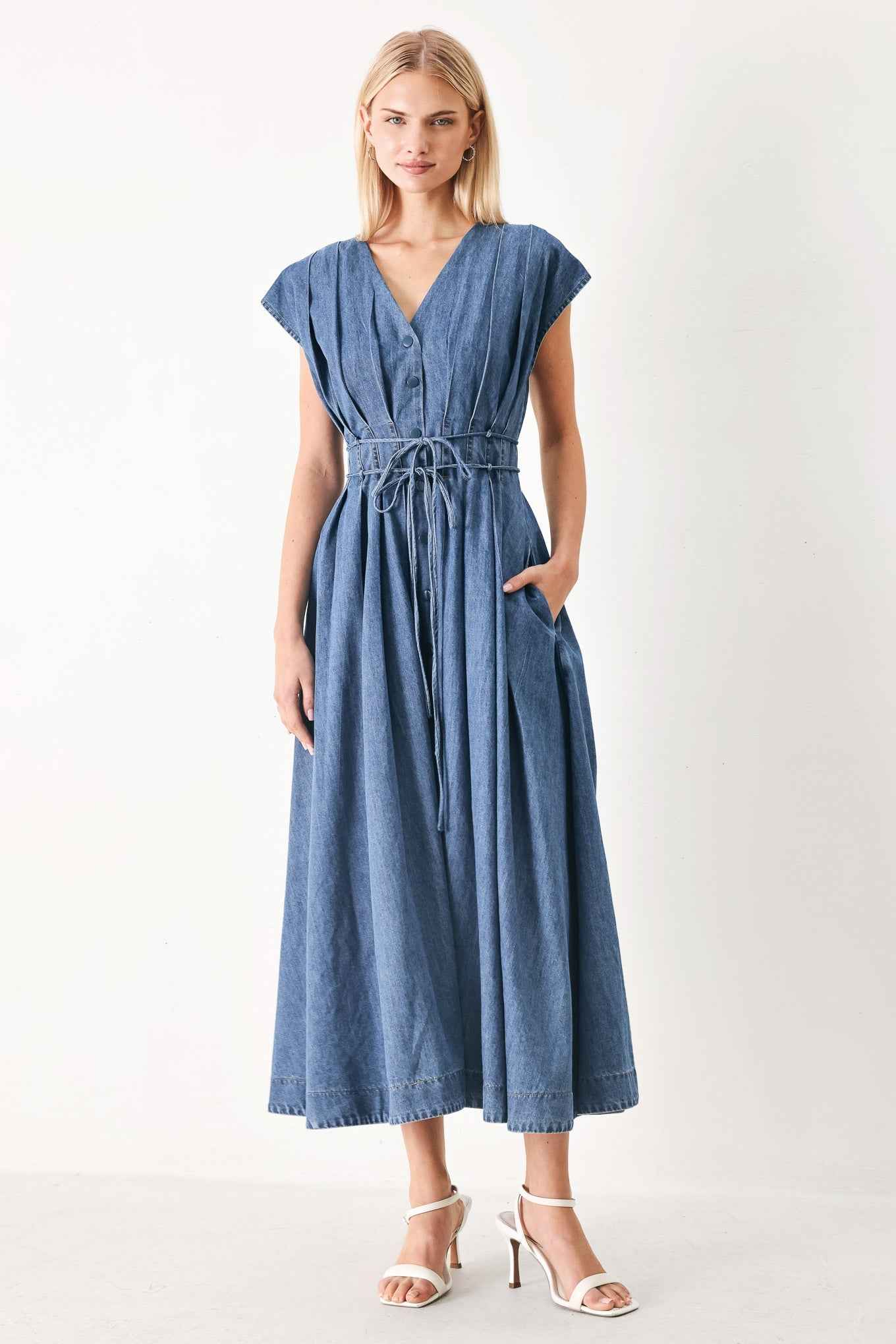 MIDNIGHT FLOW DENIM MIDI DRESS