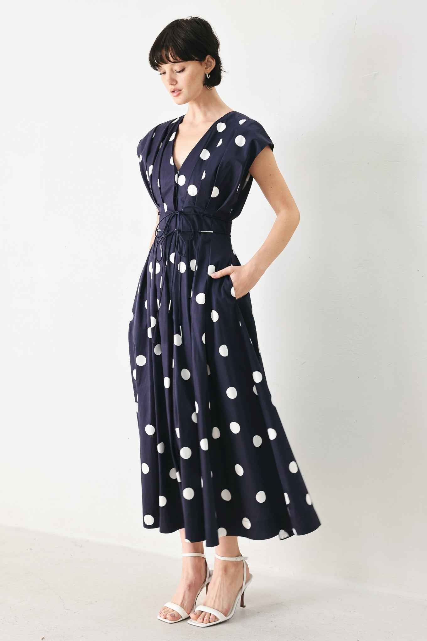 BLUE MOON DOT WOVEN MIDI DRESS