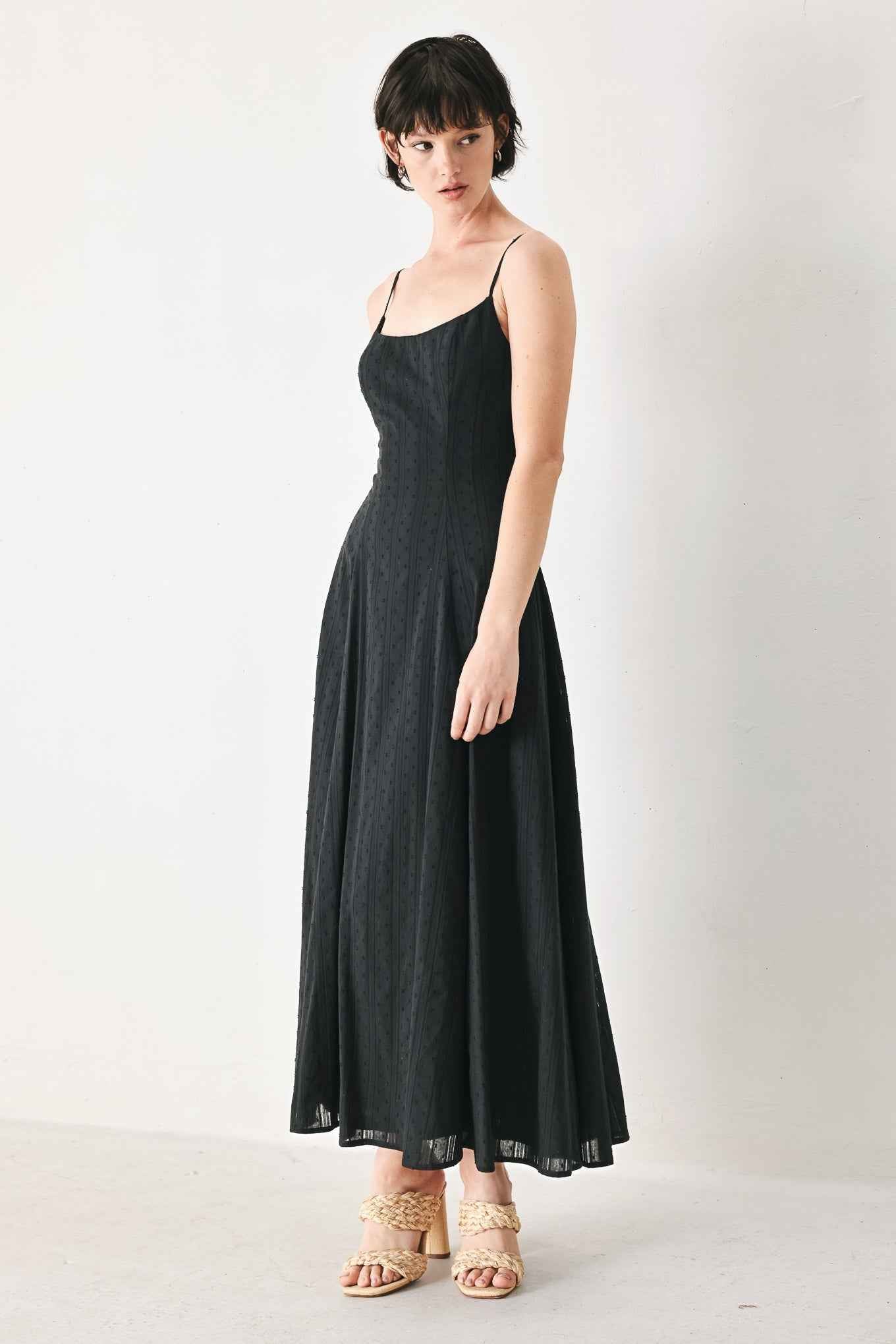 SHEER MIDNIGHT STORY WOVEN MIDI DRESS