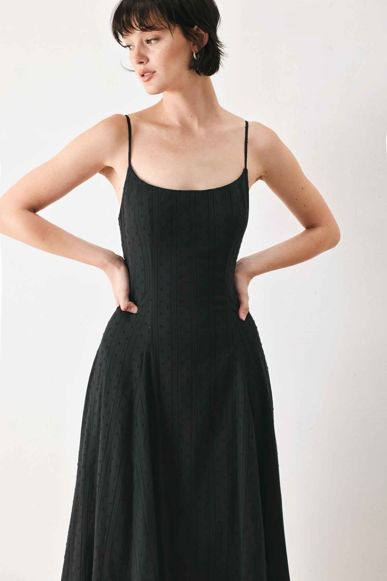 SHEER MIDNIGHT STORY WOVEN MIDI DRESS