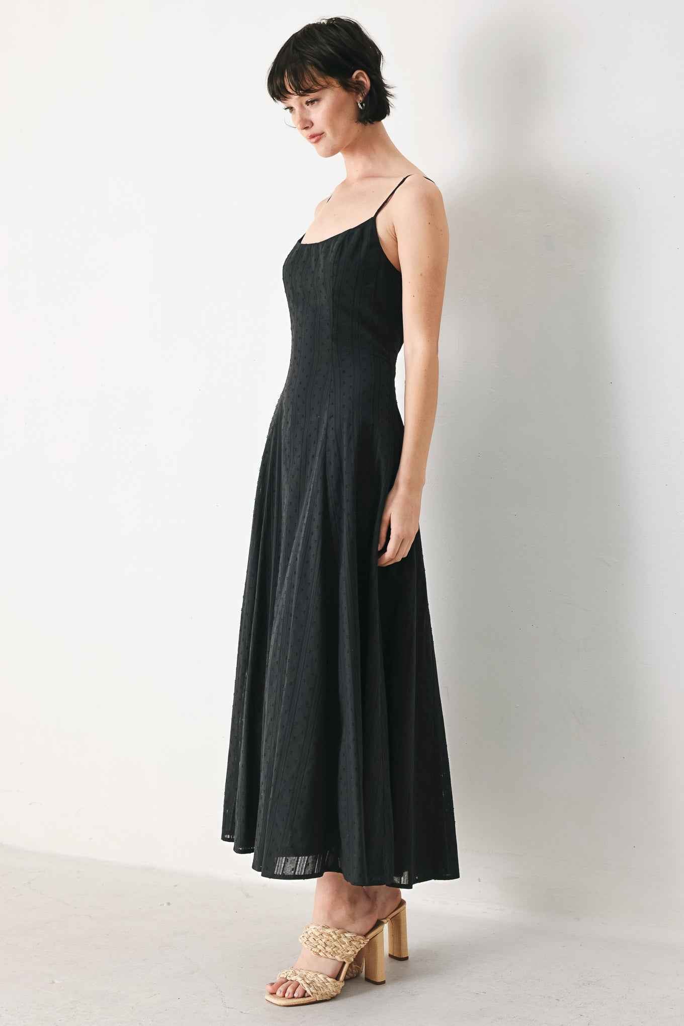 SHEER MIDNIGHT STORY WOVEN MIDI DRESS