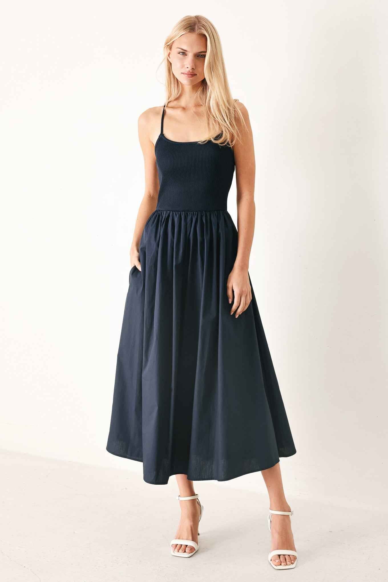 EASY BREEZE NAVY WOVEN MIDI DRESS