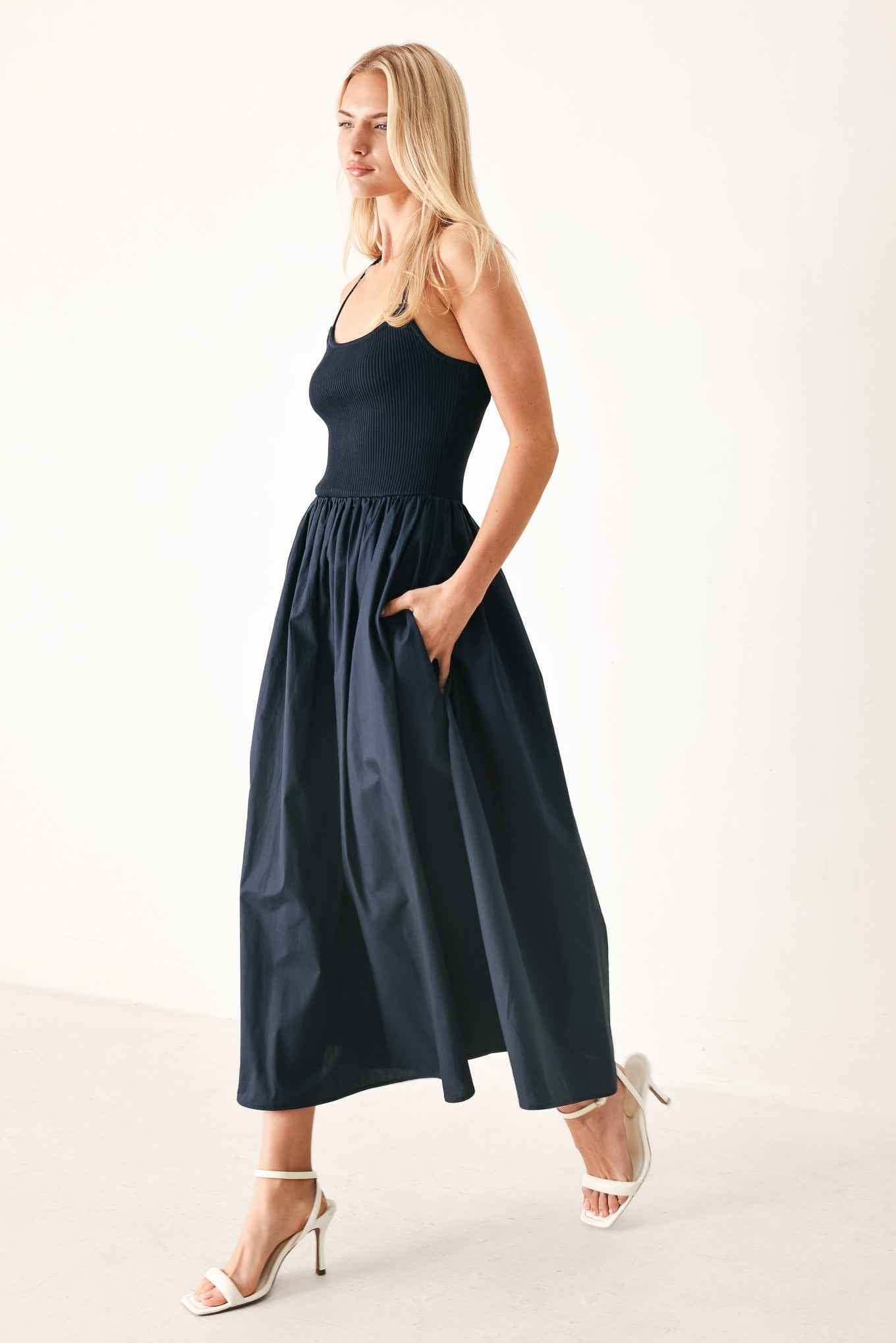 EASY BREEZE NAVY WOVEN MIDI DRESS