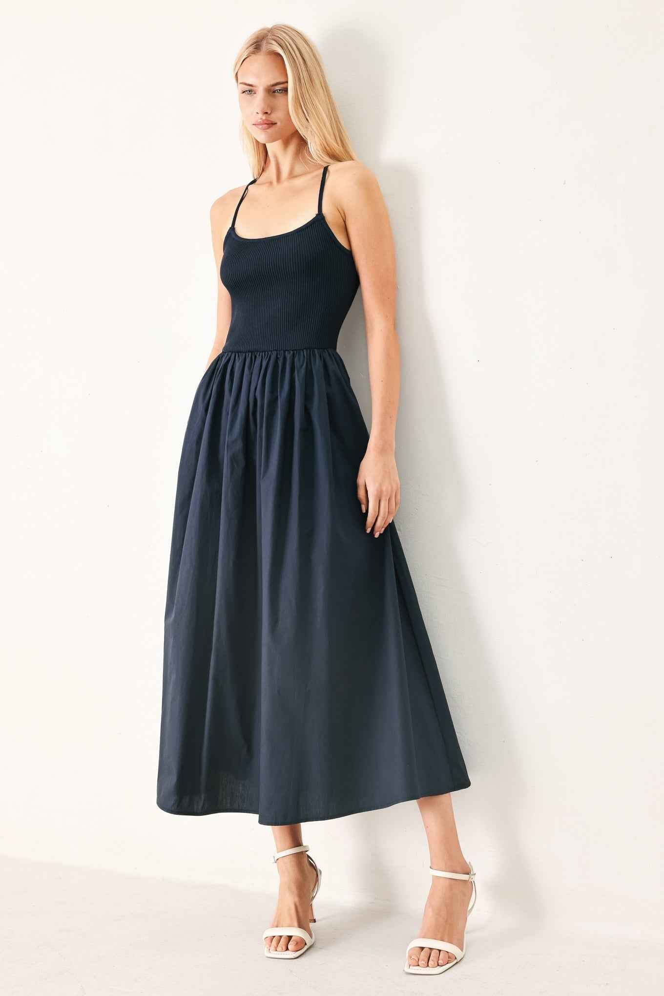 EASY BREEZE NAVY WOVEN MIDI DRESS